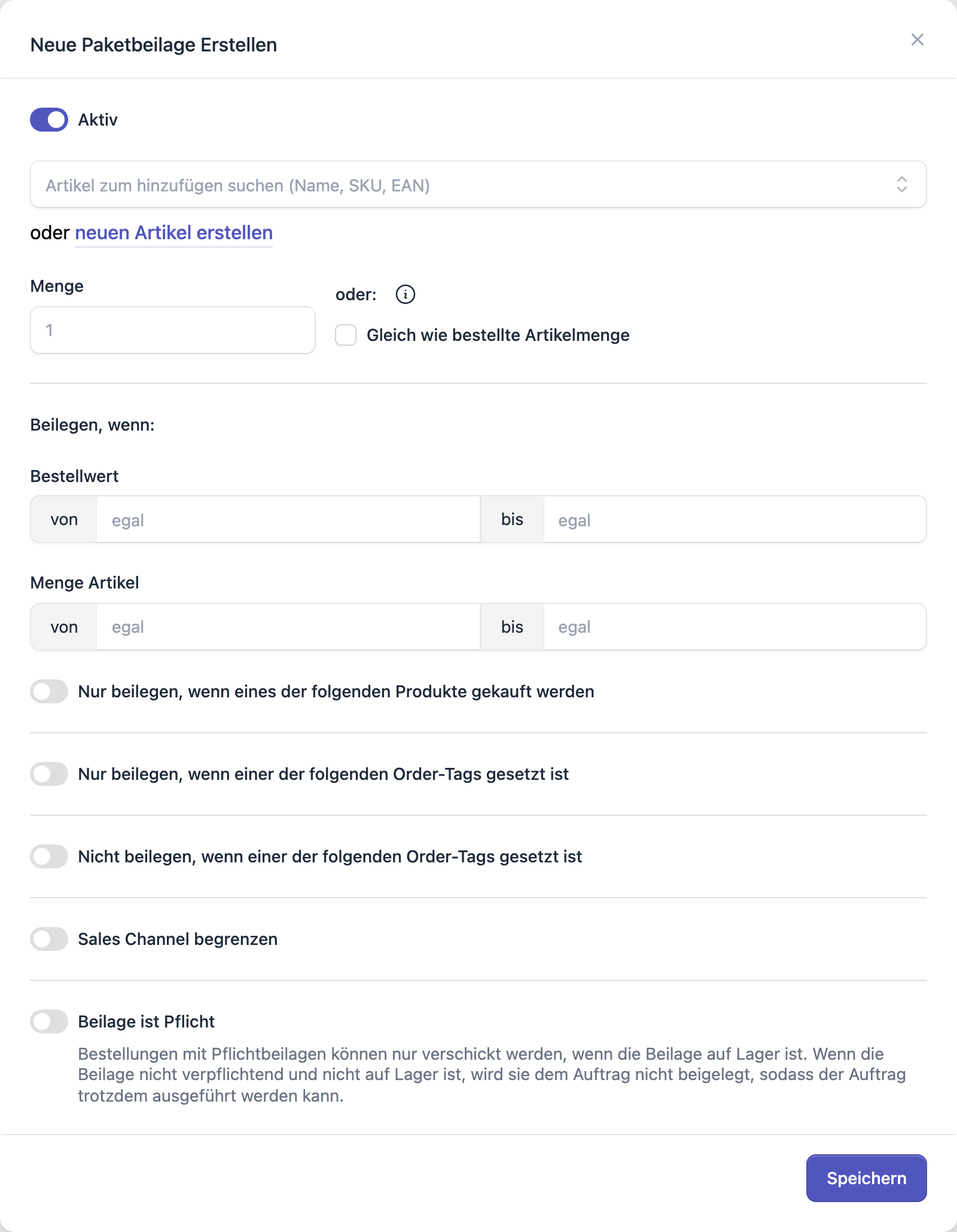 Der Dialog Neue Paketbeilage Erstellen