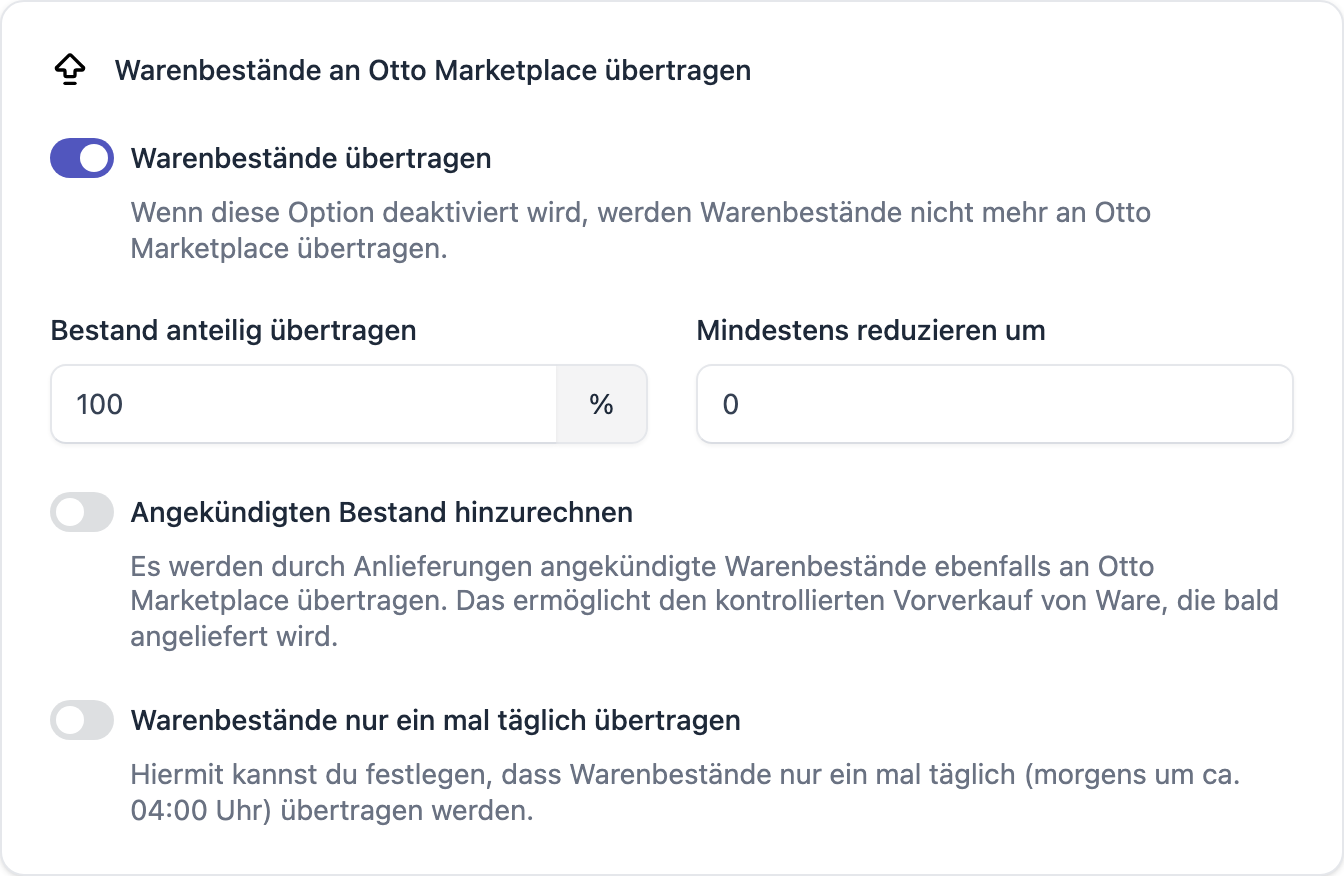 FFN Connect: Karte „Warenbestände an … übertragen" mit den Optionen Warenbestände übertragen, Bestand anteilig übertragen, Mindestens reduzieren um, Angekündigten Bestand hinzurechnen und Warenbestände nur ein mal täglich übertragen